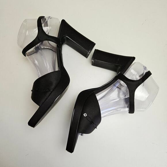 Y2K Unlisted Wedge Heels Women's 10‎ Black Satin Sequin Ankle Strap Sandals - Picture 8 of 12